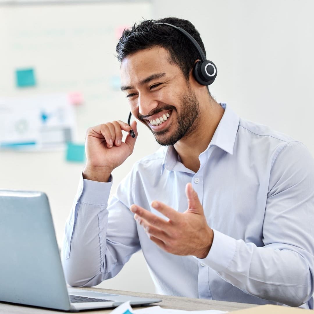 happy salesperson selling on video conference